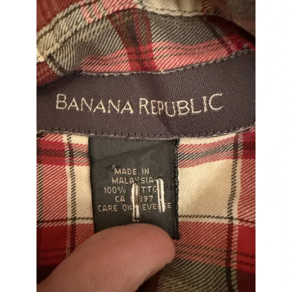 Banana Republic Men Large Shirt Plaid Button Down Cotton Red Green Beige Country